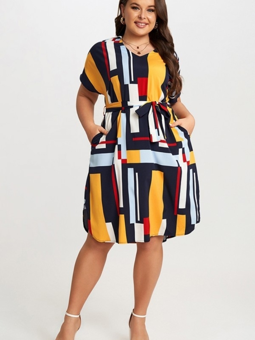 Print Color Block Dolman Sleeve Belted Vneck Collar Plus Size Midi Dress 2X (16)